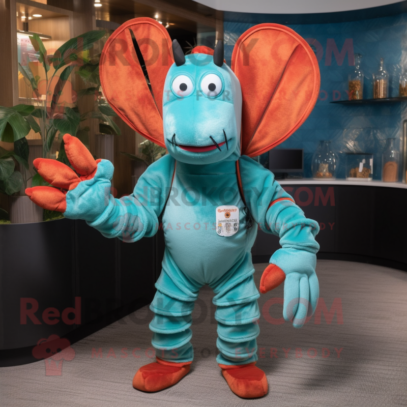 Cyan Lobster mascot costume character dressed with a Corduroy Pants and Coin purses