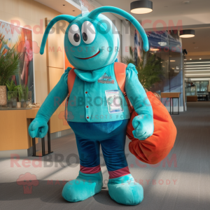 Cyan Lobster mascot costume character dressed with a Corduroy Pants and Coin purses