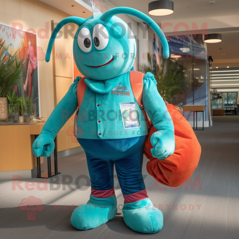 Cyan Lobster mascot costume character dressed with a Corduroy Pants and Coin purses Cyan Lobster mascot costume character dressed with a Corduroy Pants and Coin purses