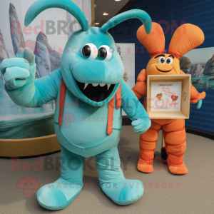 Cyan Lobster mascot costume character dressed with a Corduroy Pants and Coin purses