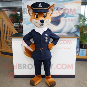 Navy Fox mascot costume character dressed with a Oxford Shirt and Shoe clips