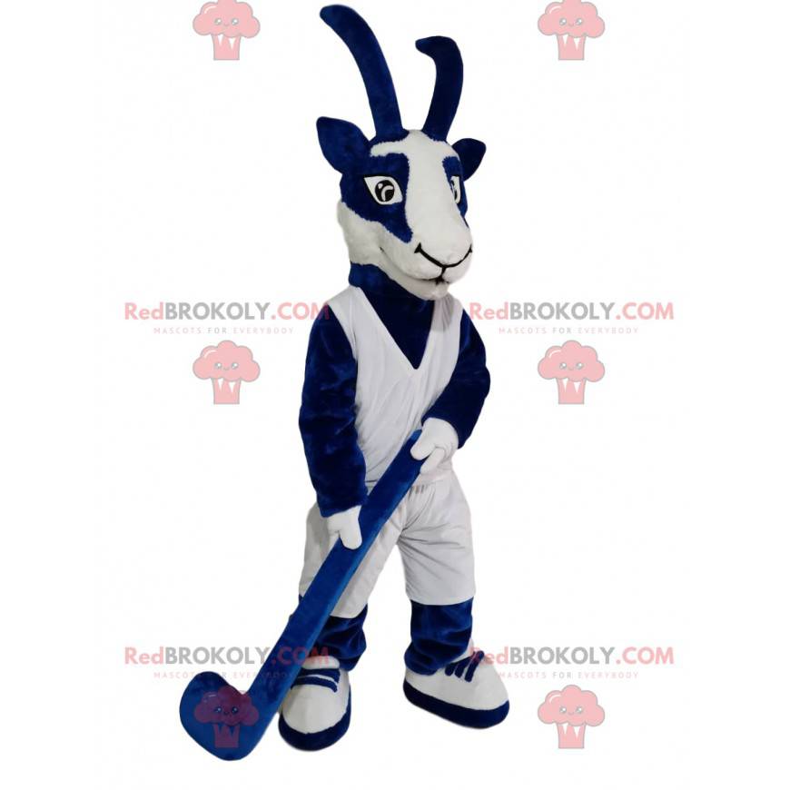 Blaues und weißes Gämsenmaskottchen mit einem Hockeykreuz - Blaues und weißes Gämsenmaskottchen mit einem Hockeykreuz -