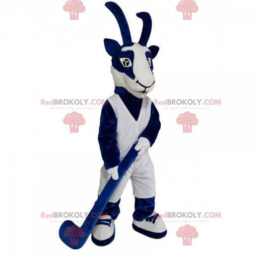 Mascotte camoscio blu e bianco con una croce da hockey -