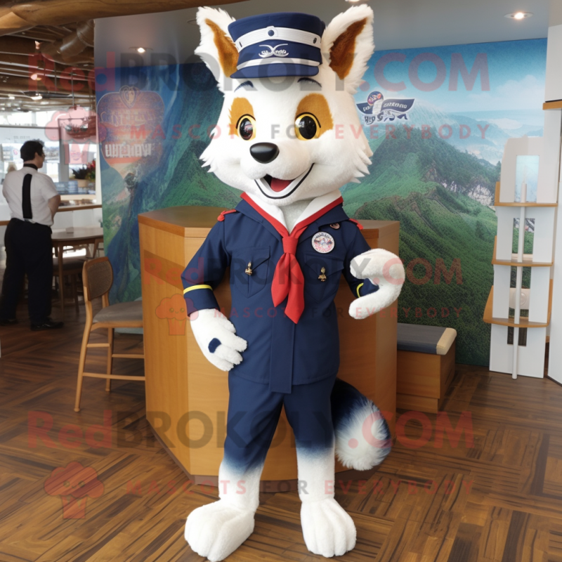 Navy Fox mascot costume character dressed with a Oxford Shirt and Shoe clips