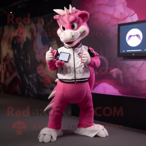 Pink Dragon mascot costume character dressed with a Jacket and Smartwatches