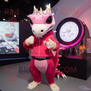 Pink Dragon mascot costume character dressed with a Jacket and Smartwatches