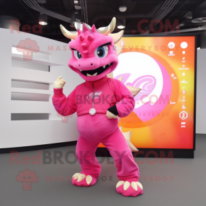 Pink Dragon mascot costume character dressed with a Jacket and Smartwatches