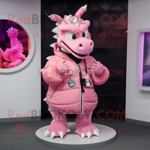 Pink Dragon mascot costume character dressed with a Jacket and Smartwatches