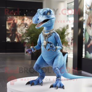 Sky Blue Velociraptor mascot costume character dressed with a Jeggings and Necklaces