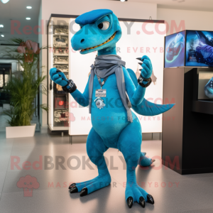 Sky Blue Velociraptor mascot costume character dressed with a Jeggings and Necklaces
