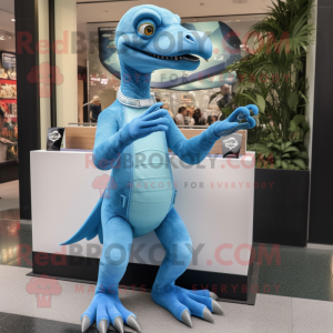 Sky Blue Velociraptor mascot costume character dressed with a Jeggings and Necklaces