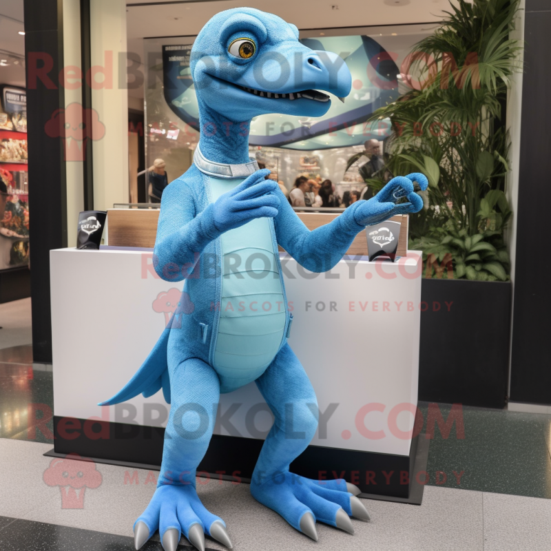 Sky Blue Velociraptor mascot costume character dressed with a Jeggings and Necklaces Sky Blue Velociraptor mascot costume character dressed with a Jeggings and Necklaces