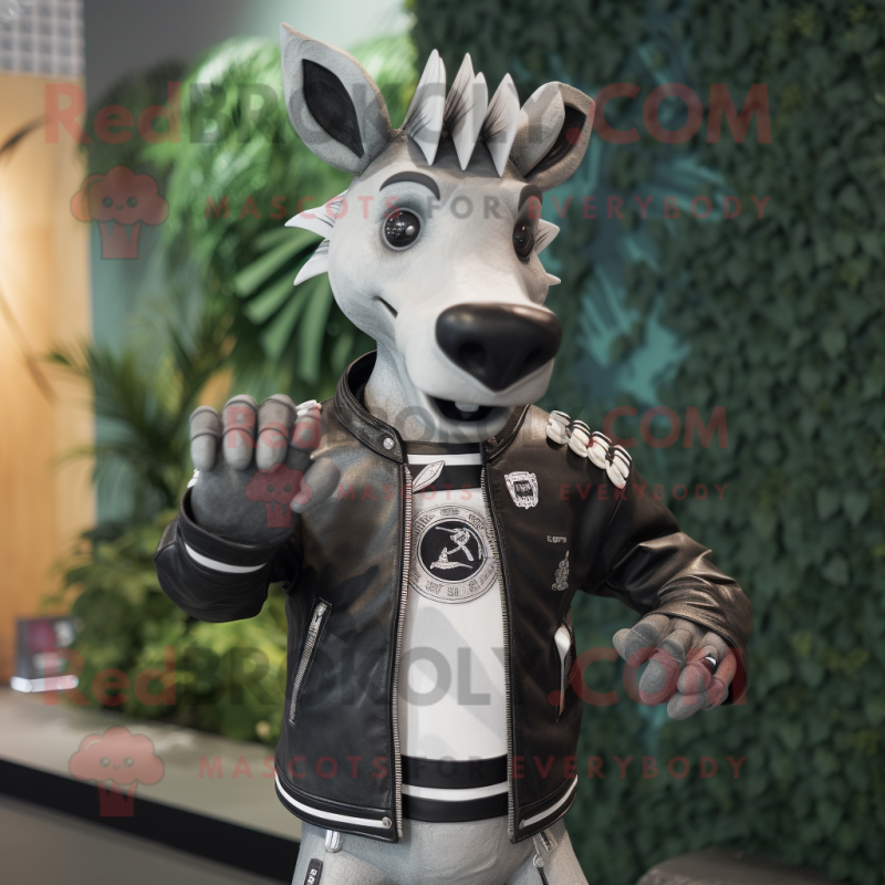 Gray Okapi mascot costume character dressed with a Moto Jacket and Lapel pins
