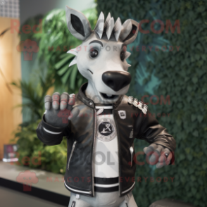 Gray Okapi mascot costume character dressed with a Moto Jacket and Lapel pins