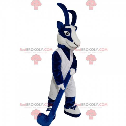 Blue and white chamois mascot with a hockey cross -