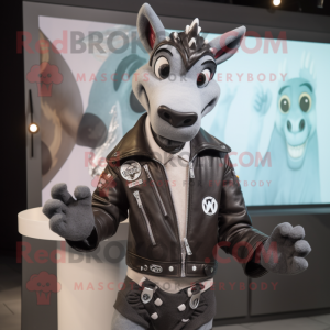 Gray Okapi mascot costume character dressed with a Moto Jacket and Lapel pins