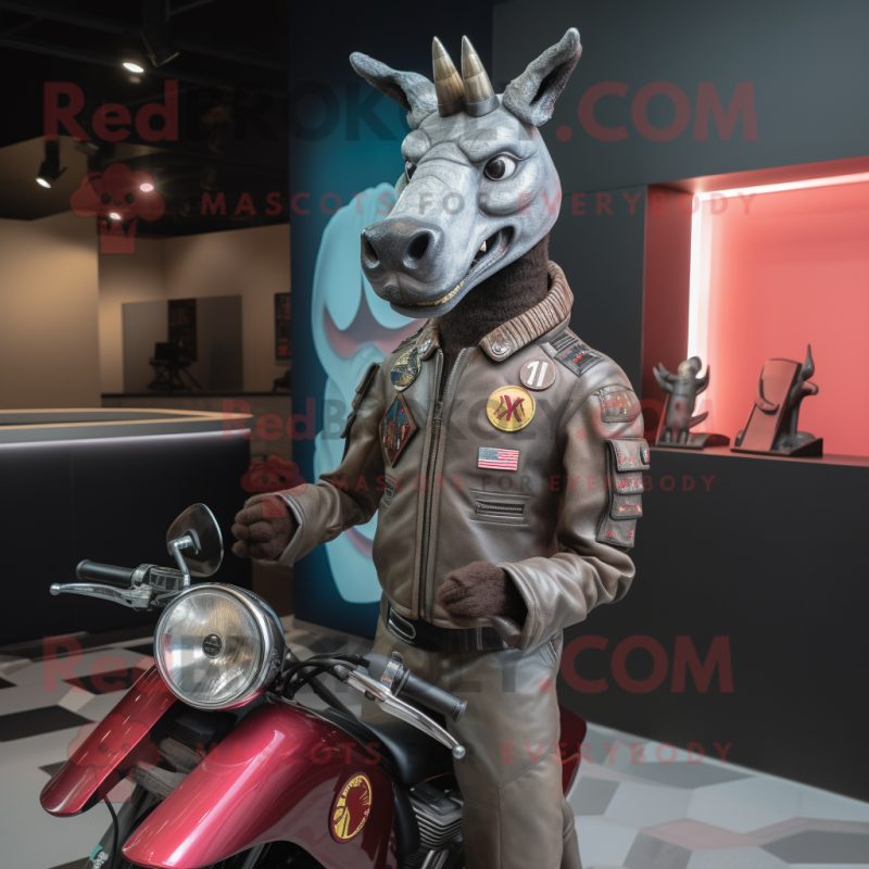 Gray Okapi mascot costume character dressed with a Moto Jacket and Lapel pins