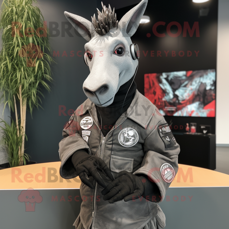 Gray Okapi mascot costume character dressed with a Moto Jacket and Lapel pins