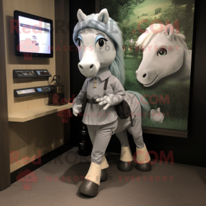 Silver Mare mascot costume character dressed with a Cargo Shorts and Digital watches