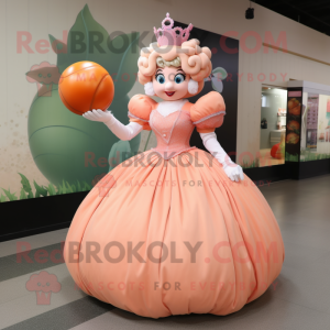 Peach Queen mascot costume character dressed with a Ball Gown and Mittens