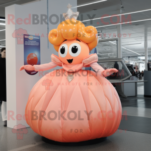 Peach Queen mascot costume character dressed with a Ball Gown and Mittens