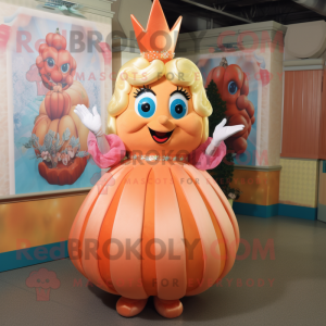 Peach Queen mascot costume character dressed with a Ball Gown and Mittens