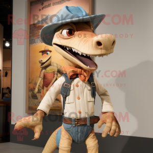 Tan Dimorphodon mascot costume character dressed with a Jeans and Cummerbunds