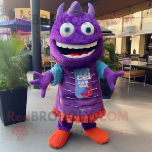 Purple Ceviche mascot costume character dressed with a Dress Pants and Scarves
