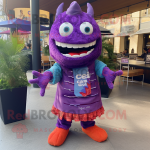 Purple Ceviche mascot costume character dressed with a Dress Pants and Scarves