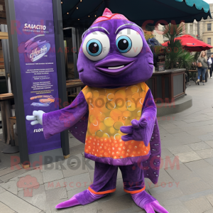 Purple Ceviche mascot costume character dressed with a Dress Pants and Scarves