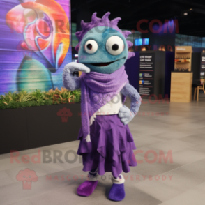 Purple Ceviche mascot costume character dressed with a Dress Pants and Scarves