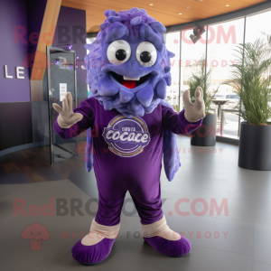 Purple Ceviche mascot costume character dressed with a Dress Pants and Scarves