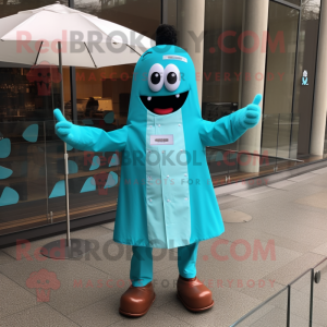 Turquoise Bbq Ribs mascot costume character dressed with a Raincoat and Keychains