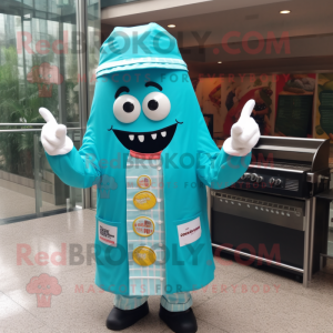 Turquoise Bbq Ribs mascot costume character dressed with a Raincoat and Keychains