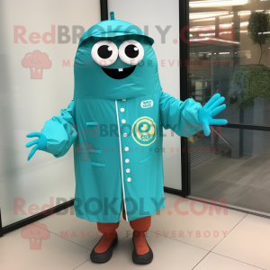 Turquoise Bbq Ribs mascot costume character dressed with a Raincoat and Keychains