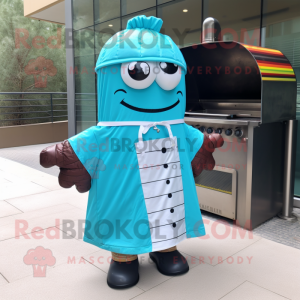 Turquoise Bbq Ribs mascot costume character dressed with a Raincoat and Keychains