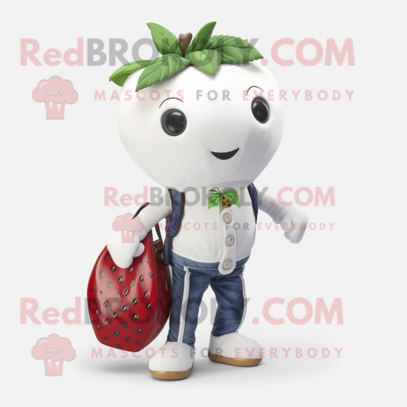 White Strawberry mascot costume character dressed with a Skinny Jeans and Handbags White Strawberry mascot costume character dressed with a Skinny Jeans and Handbags