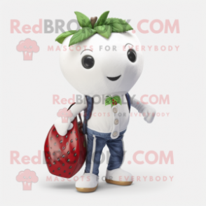 White Strawberry mascot costume character dressed with a Skinny Jeans and Handbags