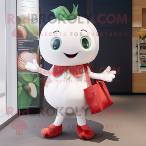 White Strawberry mascot costume character dressed with a Skinny Jeans and Handbags
