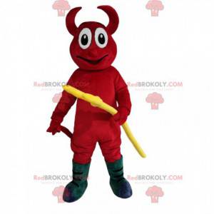 Mascote do diabo vermelho sorrindo com um tridente amarelo -