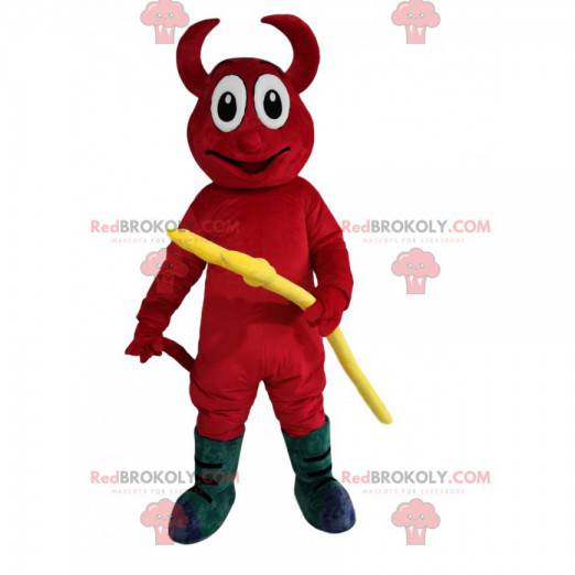 Mascotte de diable rouge souriant avec un trident jaune -