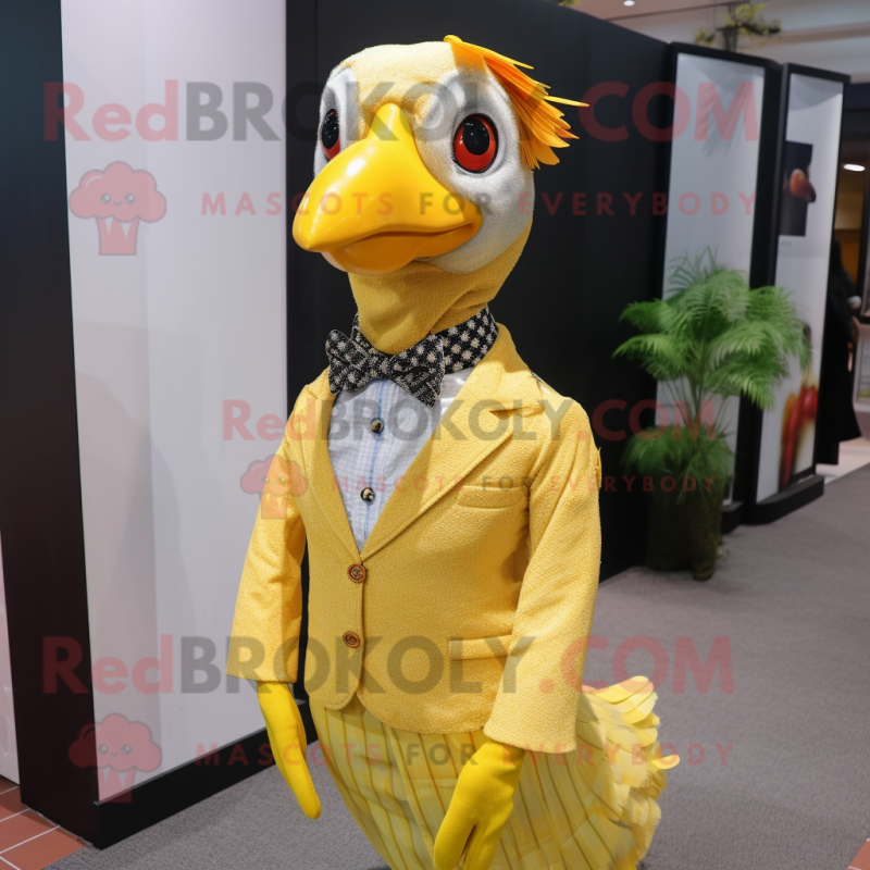 Yellow Guinea Fowl mascot costume character dressed with a Dress Shirt and Headbands Yellow Guinea Fowl mascot costume character dressed with a Dress Shirt and Headbands