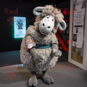 Silver Merino Sheep mascot costume character dressed with a Graphic Tee and Brooches