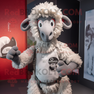 Silver Merino Sheep mascot costume character dressed with a Graphic Tee and Brooches