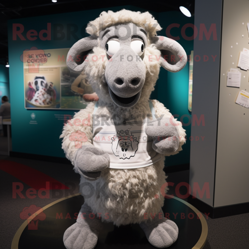 Silver Merino Sheep mascot costume character dressed with a Graphic Tee and Brooches