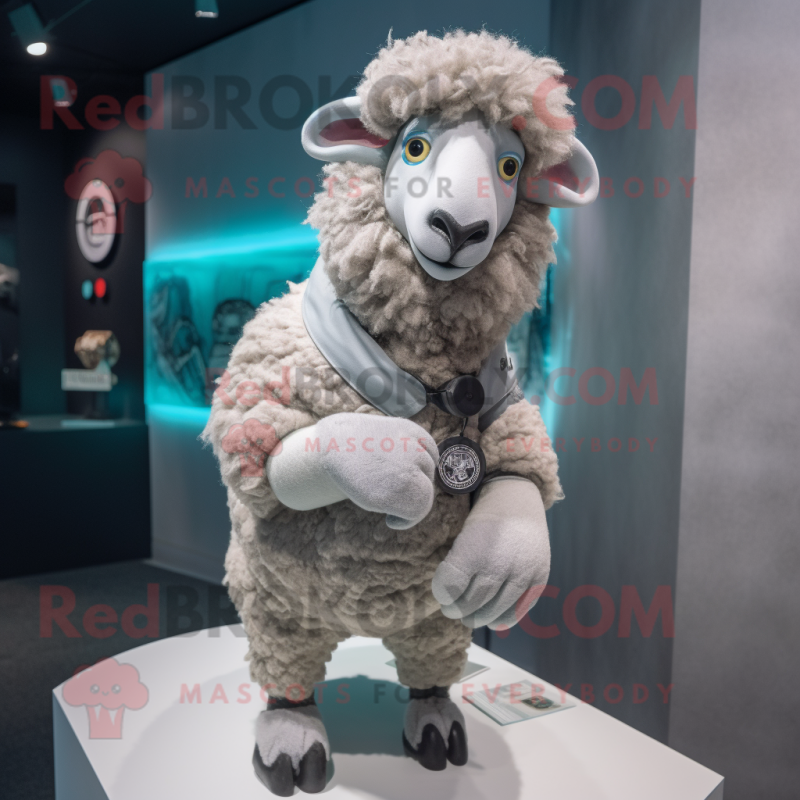 Silver Merino Sheep mascot costume character dressed with a Graphic Tee and Brooches