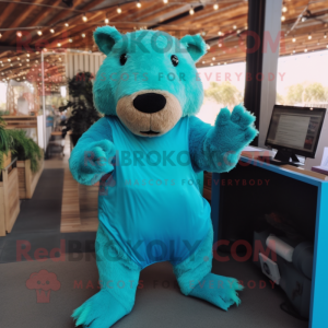 Turquoise Capybara mascot costume character dressed with a Romper and Gloves