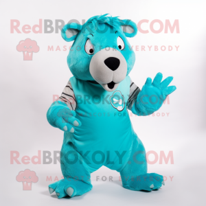 Turquoise Capybara mascot costume character dressed with a Romper and Gloves