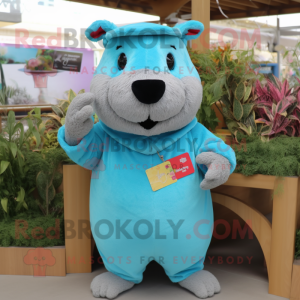 Turquoise Capybara mascot costume character dressed with a Romper and Gloves