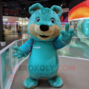 Turquoise Capybara mascot costume character dressed with a Romper and Gloves